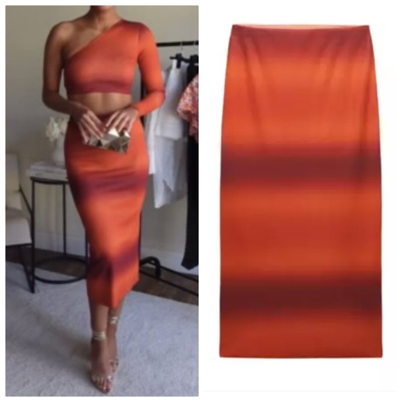 New Zara High Waist Ombre Gradiant Orange Midi Skirt Small NWT - Picture 1 of 8
